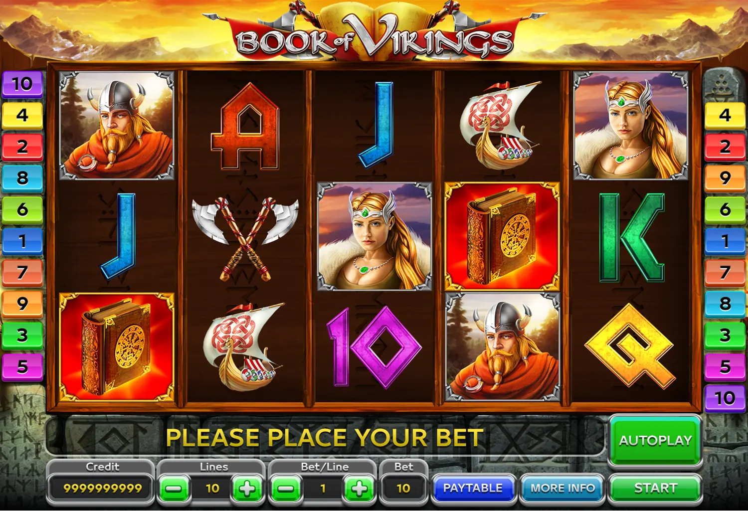 Slot game art showing Book of Vikings slot interface with character symbols, reels, and betting controls