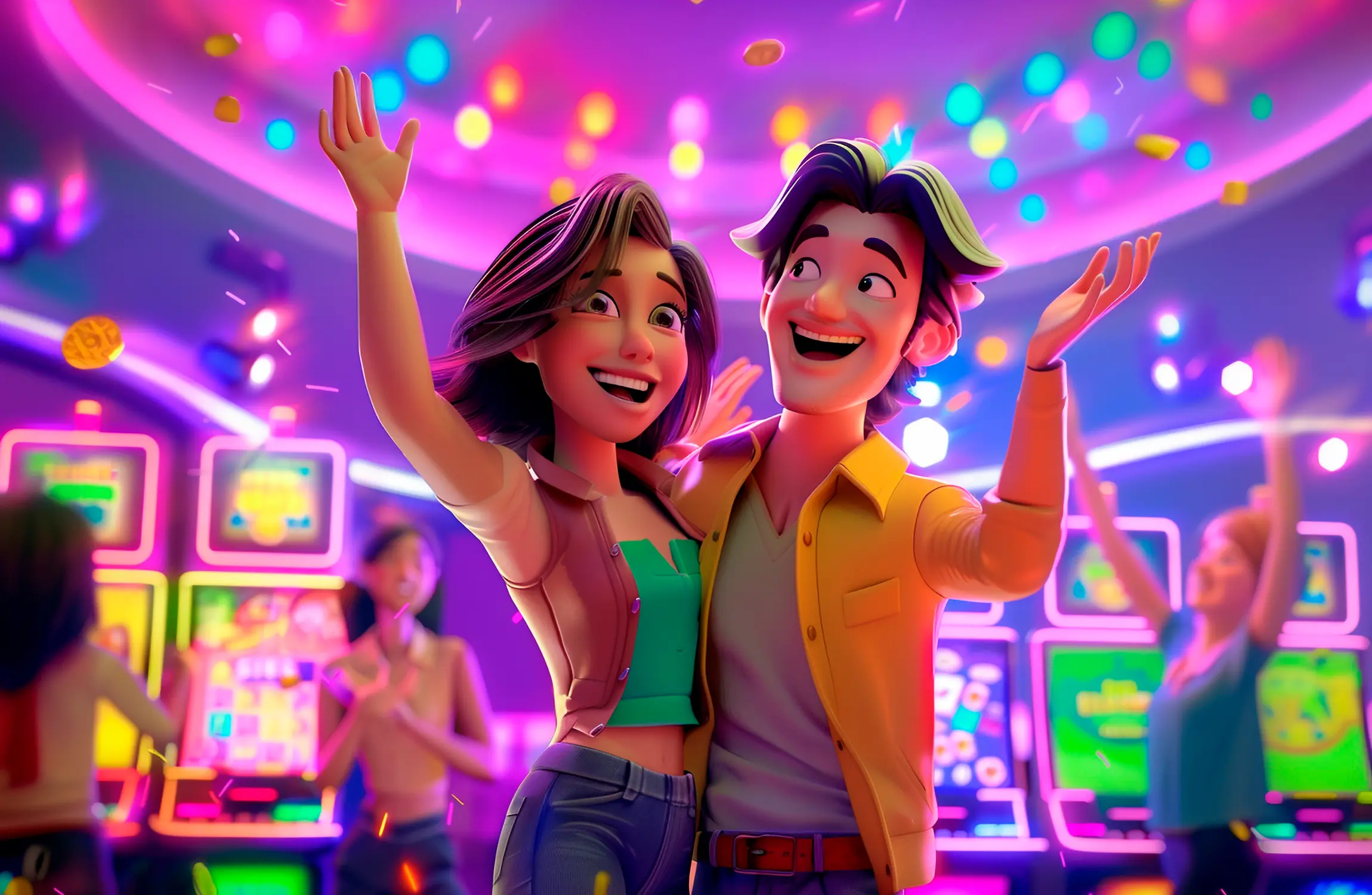 Animated players celebrating in a crypto casino game with slot machines