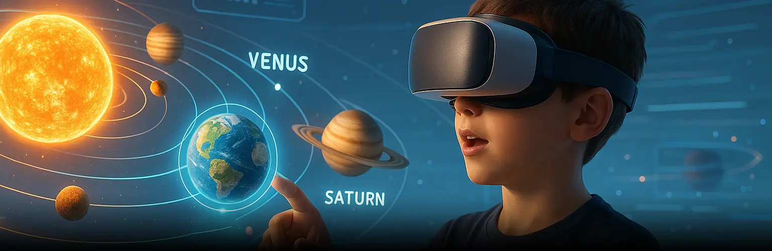 Learning games for kids with VR space exploration scene