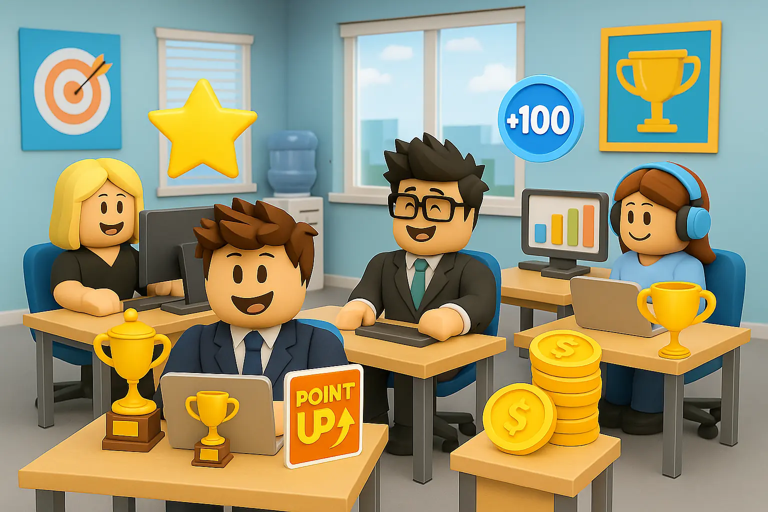 Roblox browser game concept with office avatars, rewards, and progress points