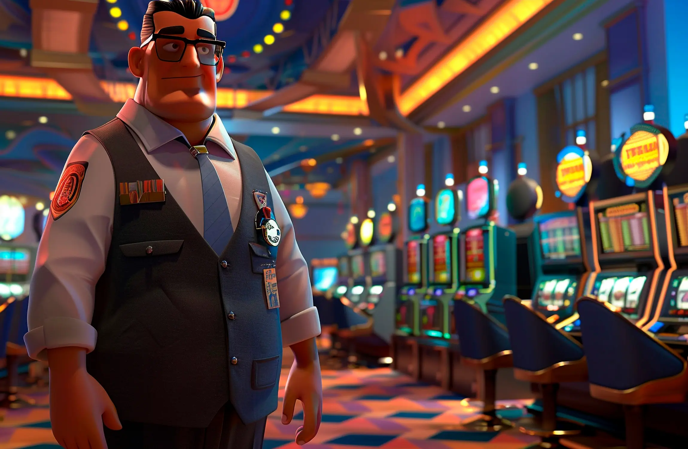 Casino security guard standing near slot machines in a crypto casino game